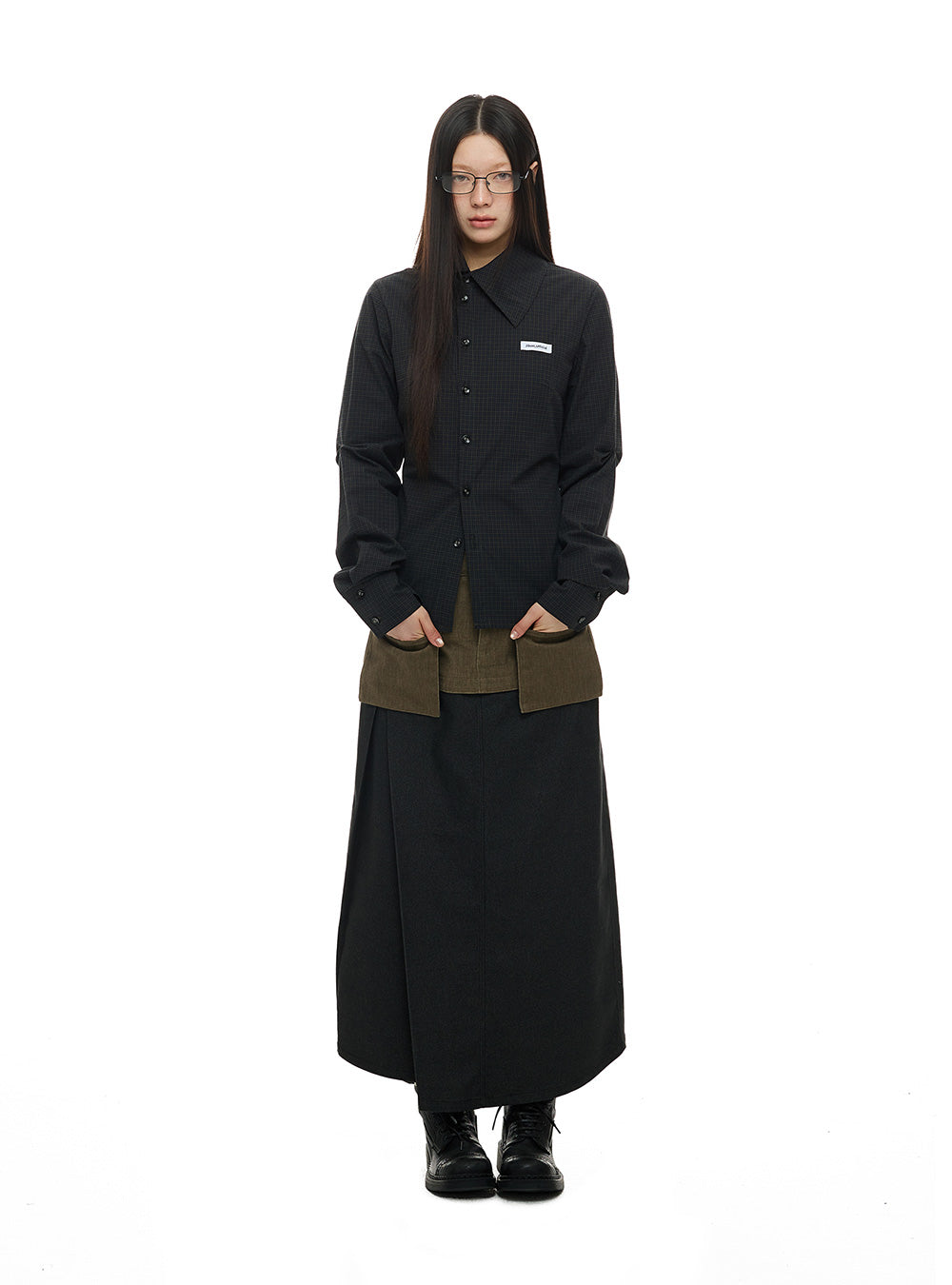 Dark Gray Slash-Pleat Long Skirt