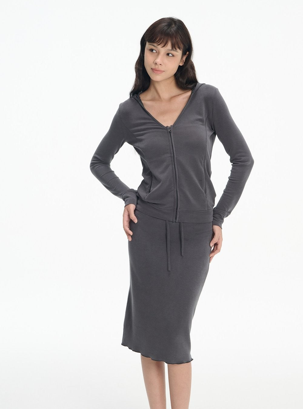 Softline Hooded Zip-Up & Midi Skirt (2color)