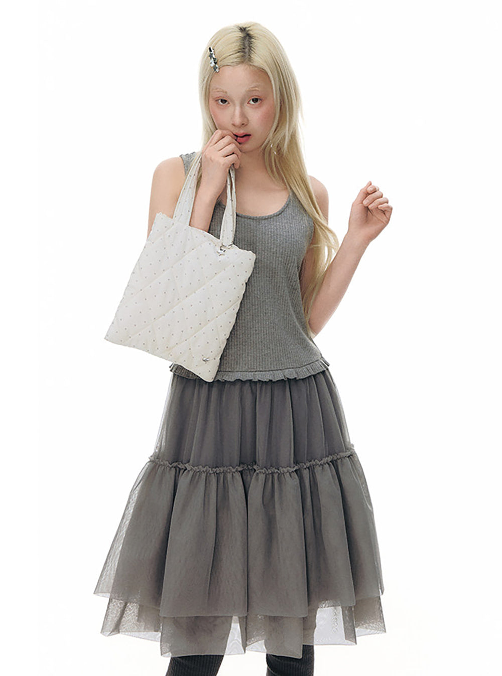 Ribbed Layered Tulle Dress (2color)