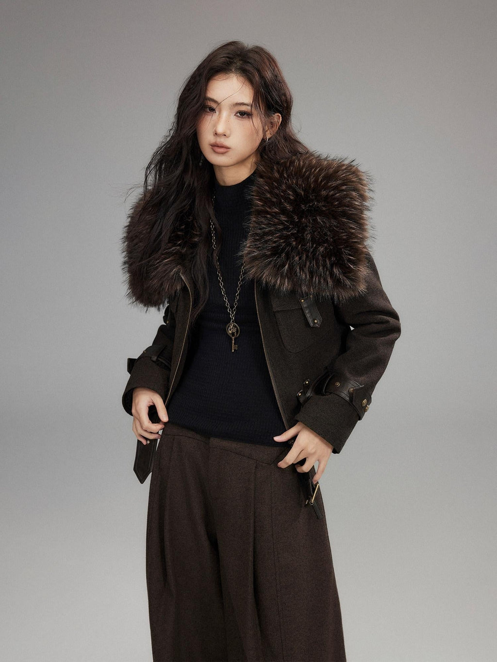 Thick Wool Blend Slim Fit Sexy Lapel Zipper Brown Everyday Women Cropped Jackets