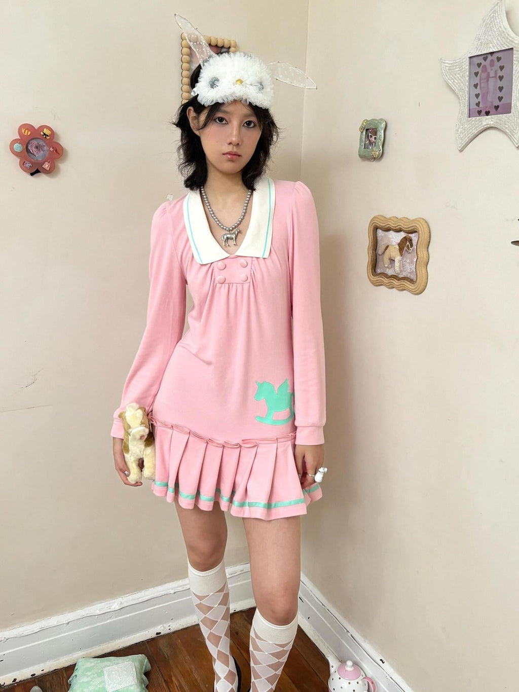 Cute Bubble Sleeve Doll Collar Pleated Casual Striped Mint Pink Mini Dresses
