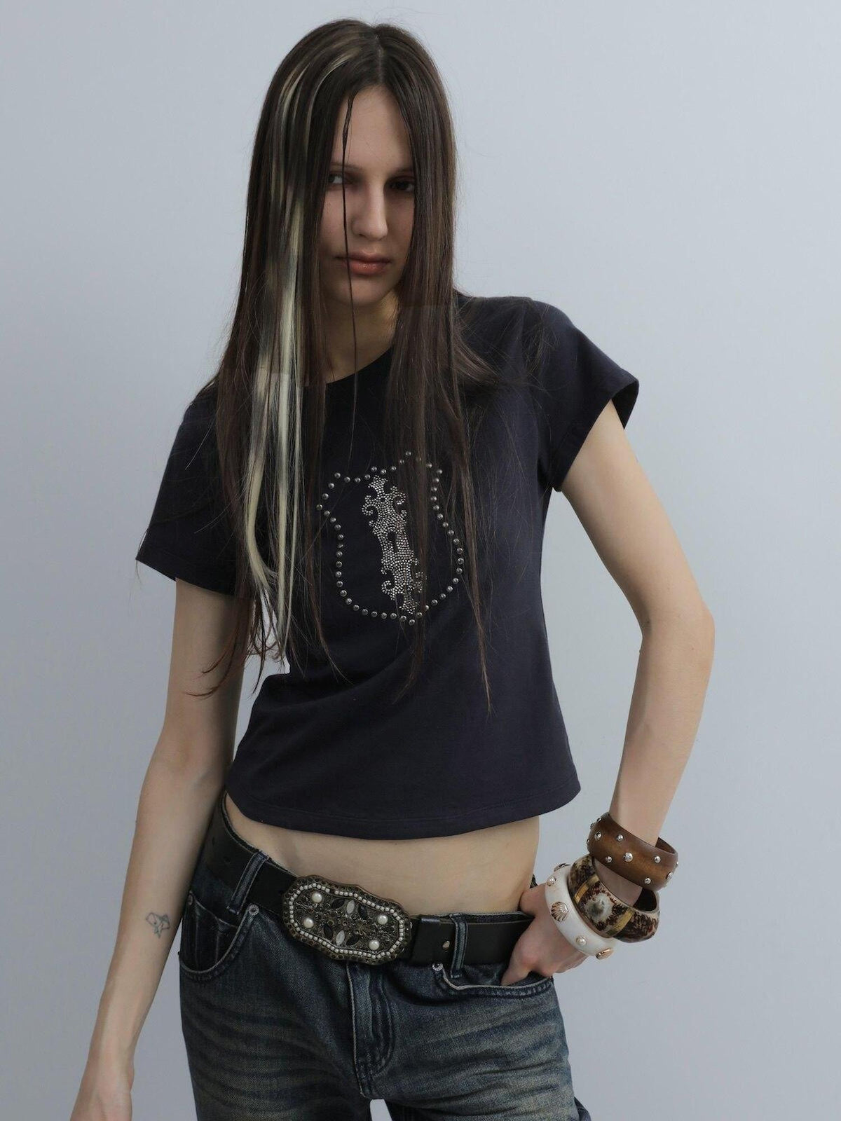 Cropped Hotfix Rhinestone Slim Fit Vintage Women'S Cotton Short Sleeve T-Shirts