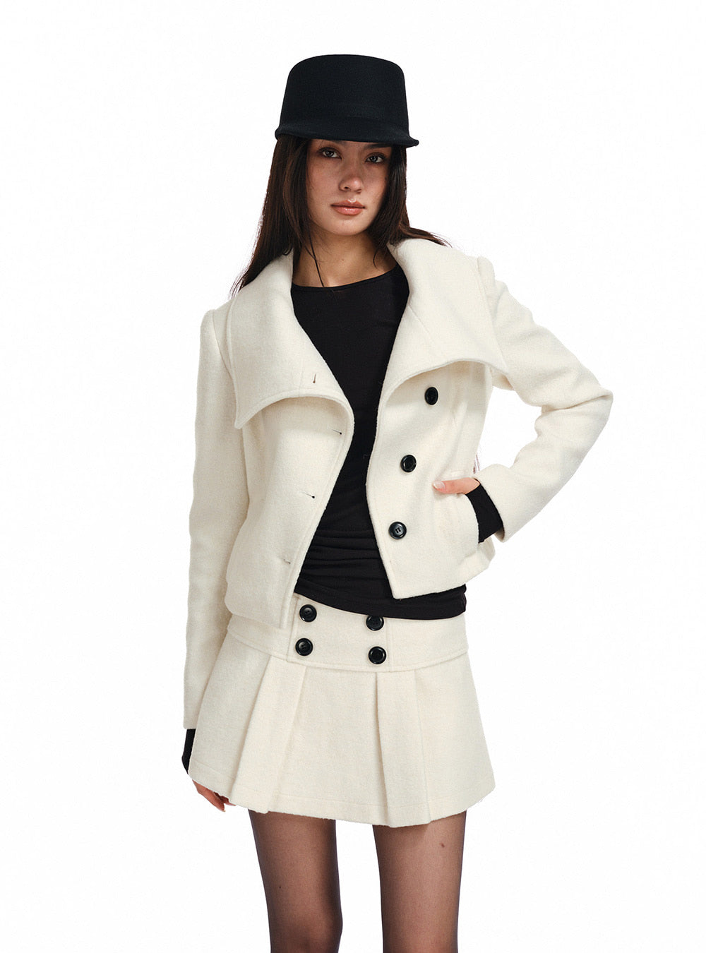 High Neck Button Jacket & Skirt (2color)