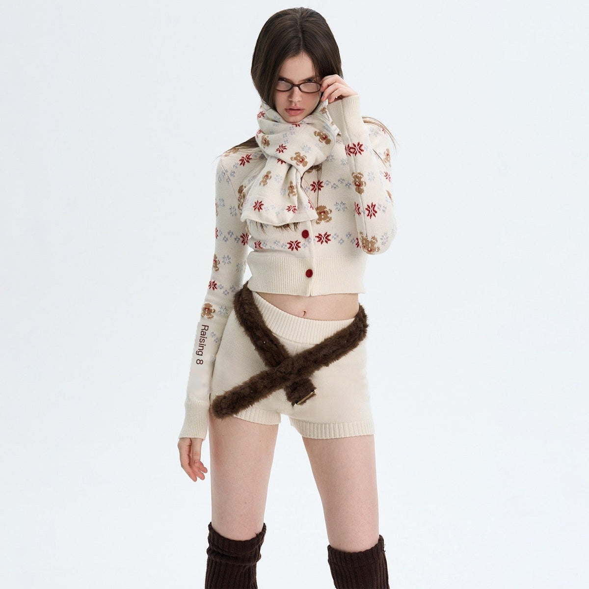 Cashmere Blend Bear Jacquard Cute Slim Cropped Crewneck Knitwear Cardigans