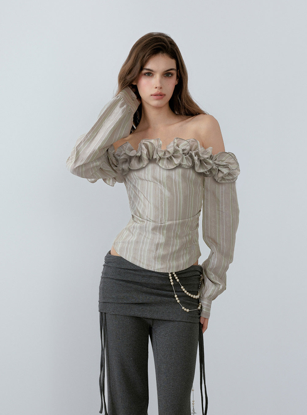 Soft Stripe Off-Shoulder Smock Blouse