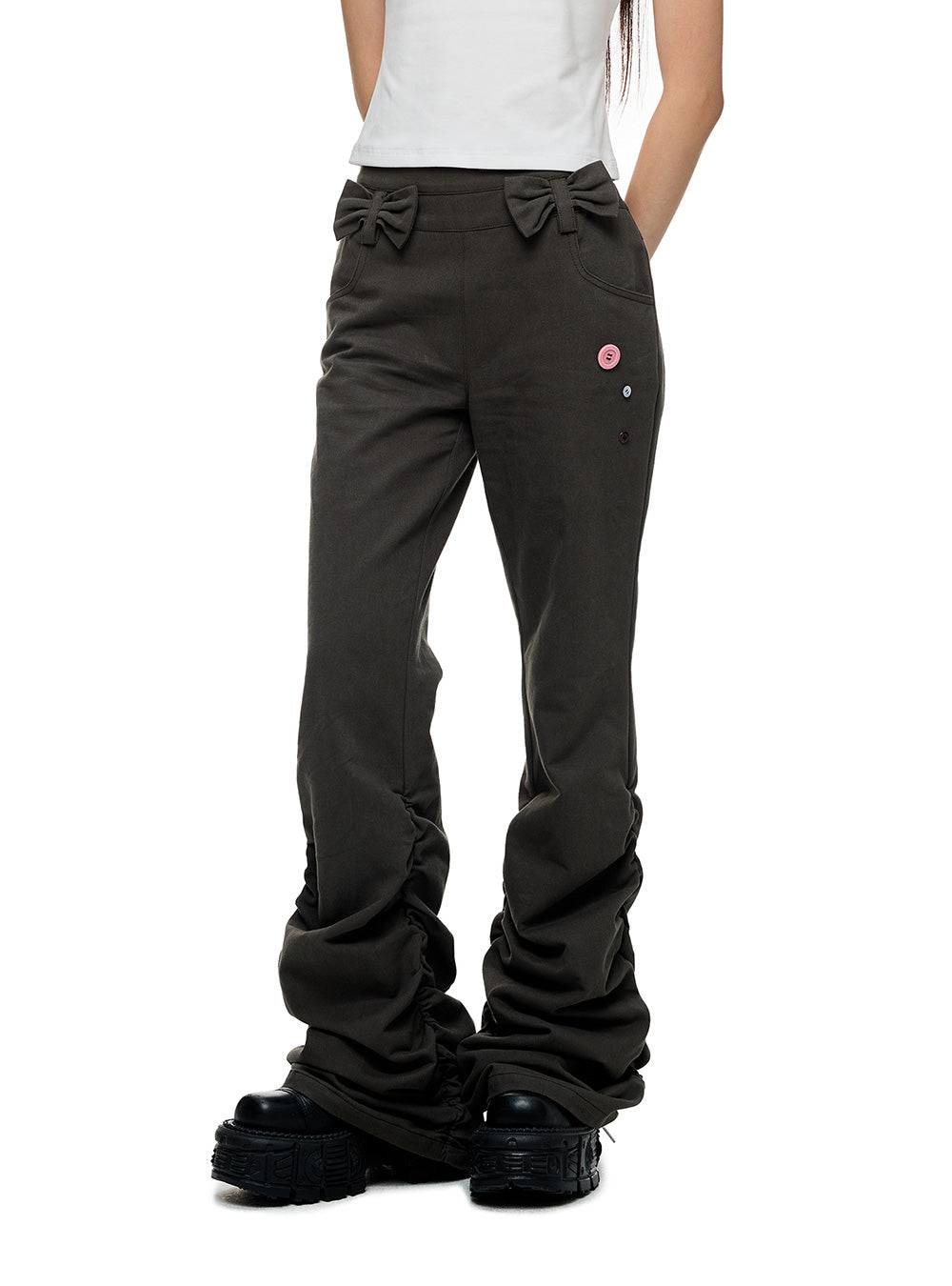 Ribbon Point Flare Shirred Pants