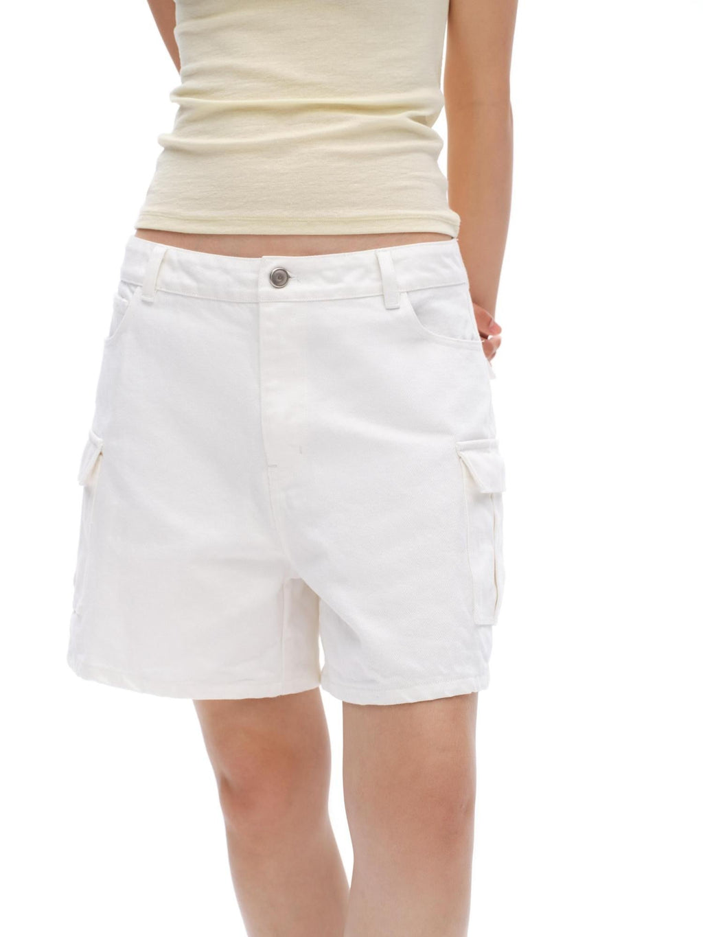 White Vintage Bermuda Cargo Button Fly Pocket Women'S Cotton Denim Shorts