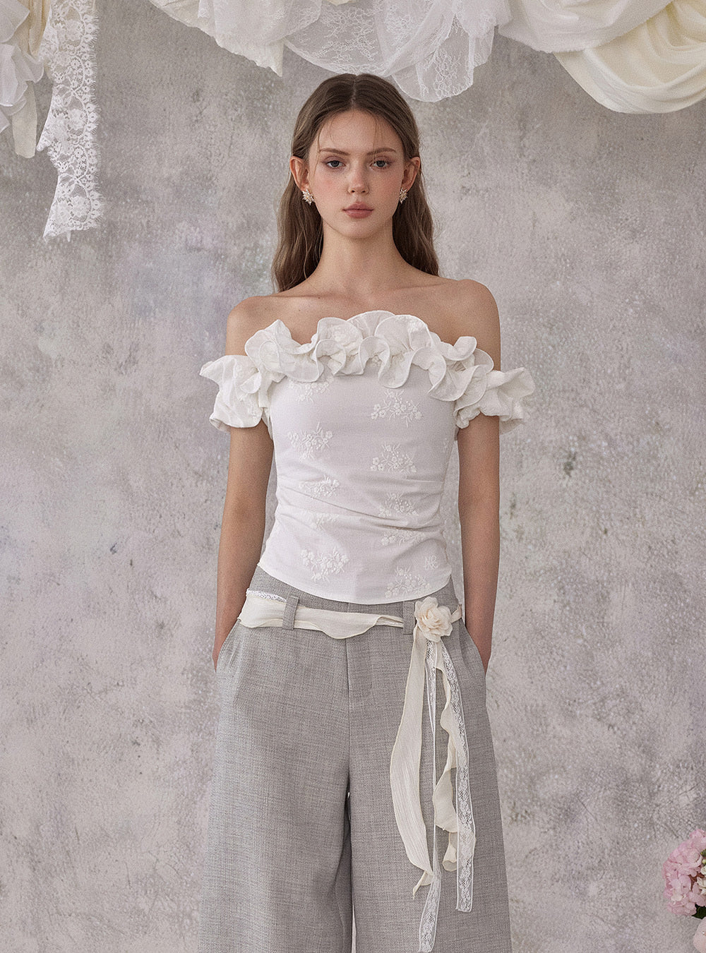 White Jacquard Off-Shoulder Frill Top