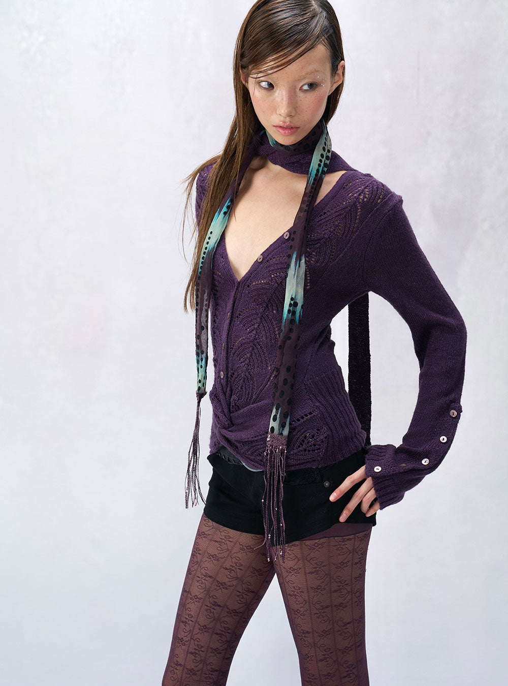 Grape Veil V-Neck Knit Top