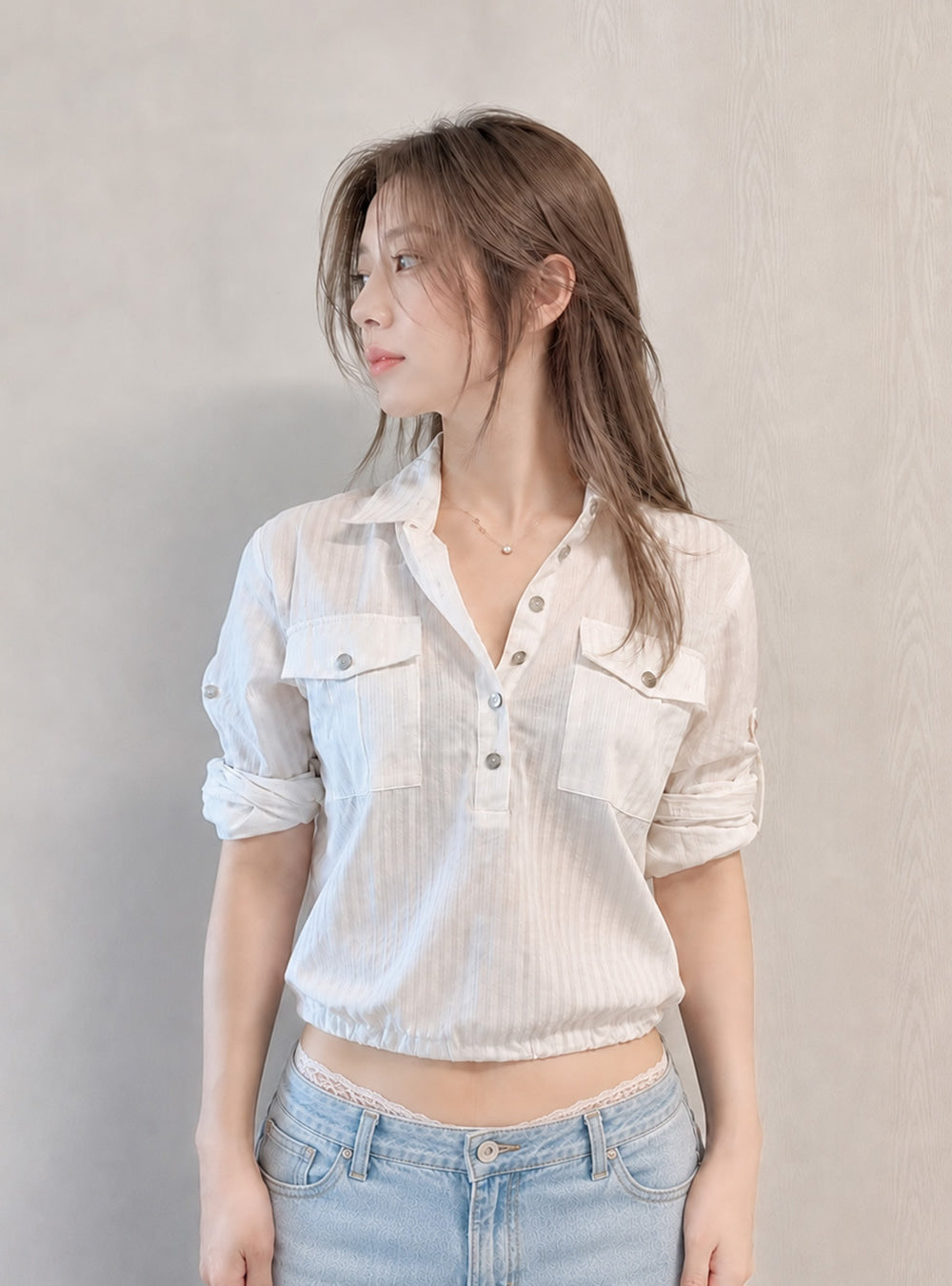 Ivory Pinstripe Cropped Shirt 02