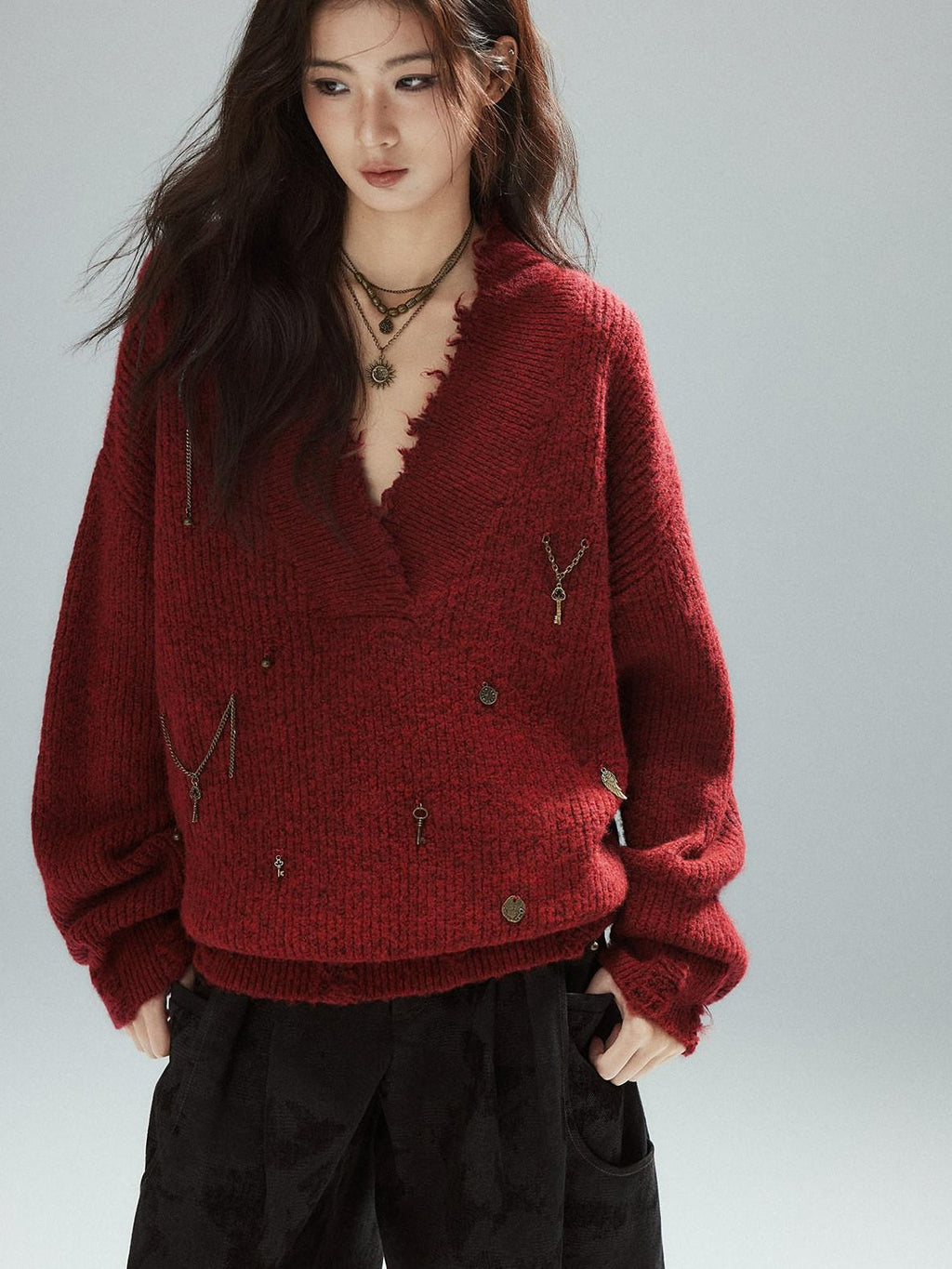 Warm Oversized Street Raw Hem Women V-neck Red Pullover Sweaters