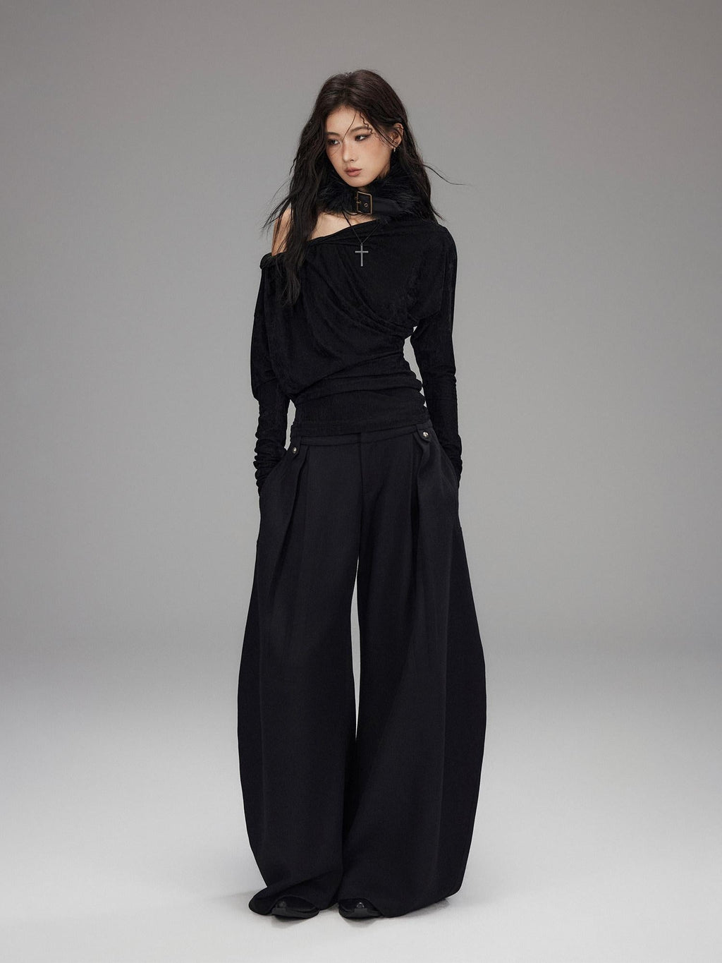 Vintage Waist Long Sleeve Slant Neck Black Knit Women Off Shoulder Crop Tops