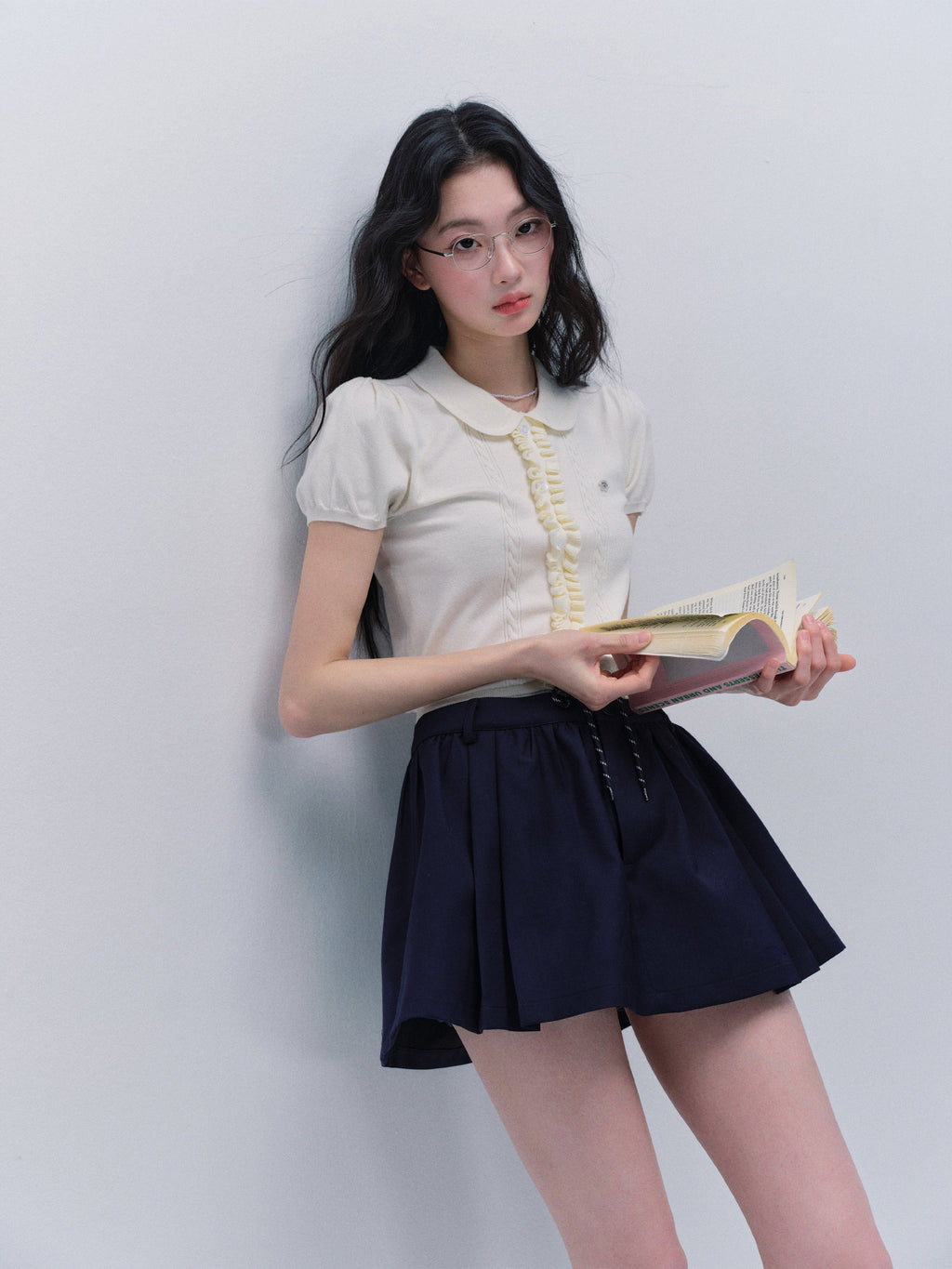 Peter Pan Collar Ruffled Front Knit Top