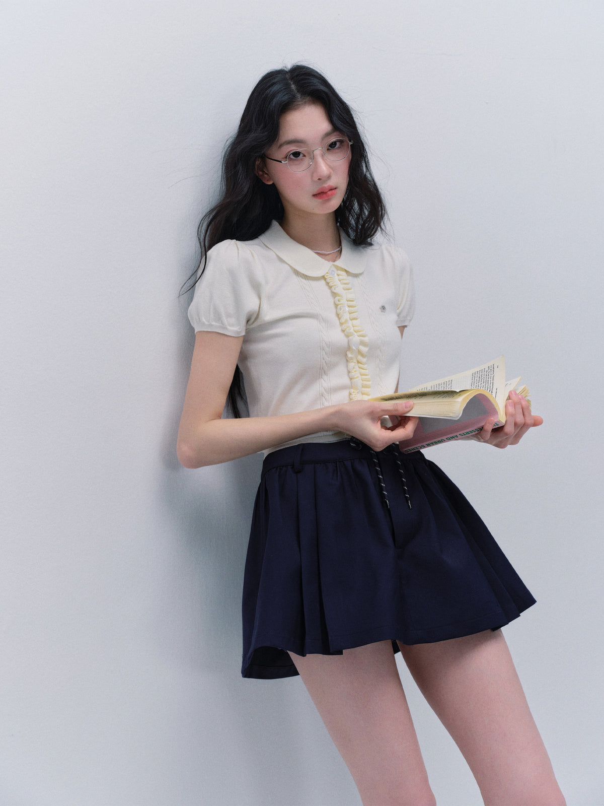 Peter Pan Collar Ruffled Front Knit Top
