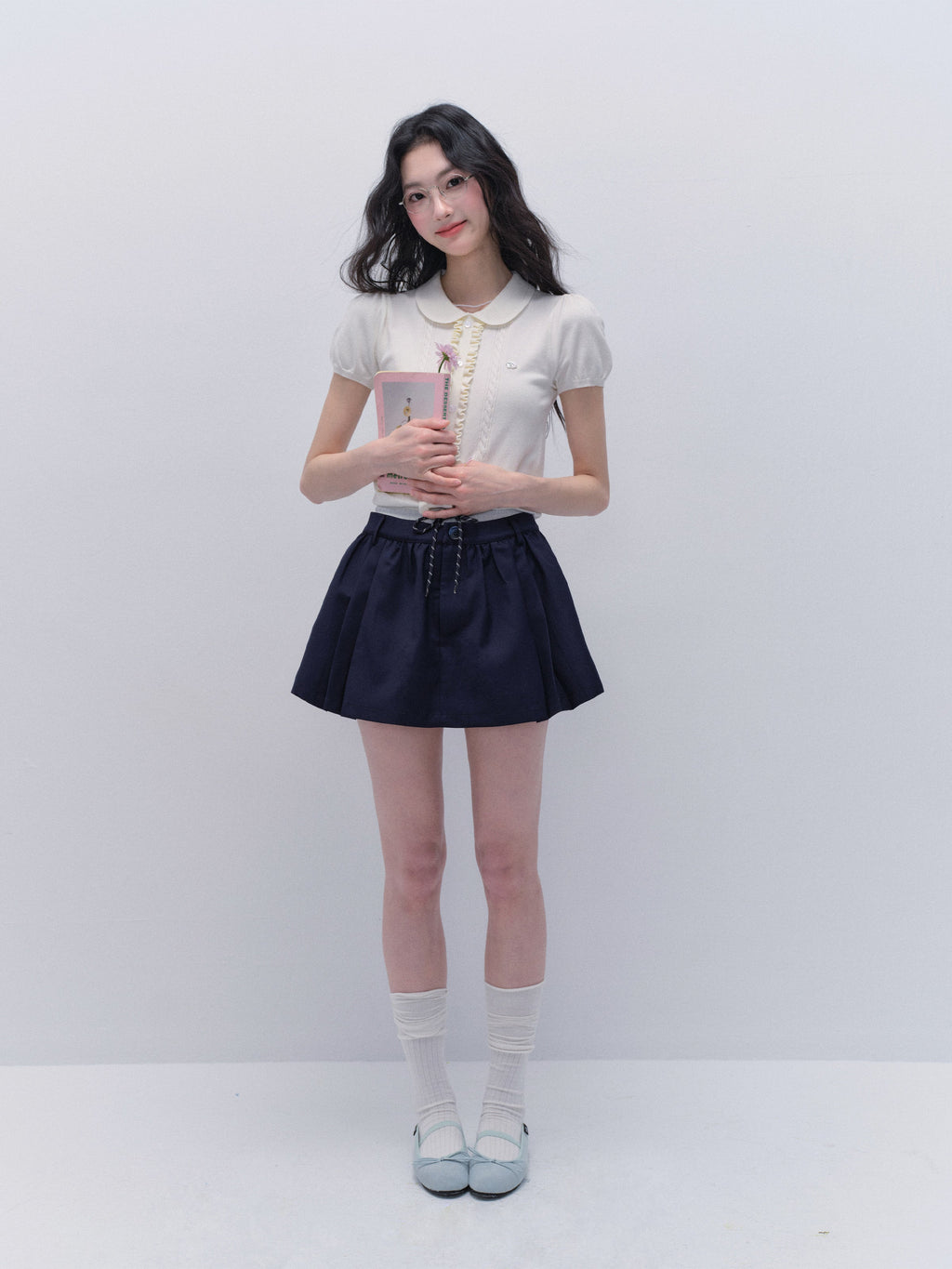 Peter Pan Collar Ruffled Front Knit Top