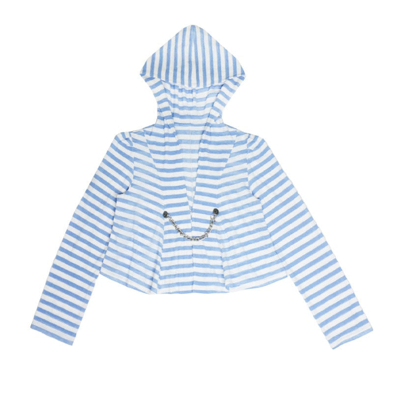 Uv Asymmetric Slim Longsleeve Women Blue Striped Cross Print Basic Crop Tops