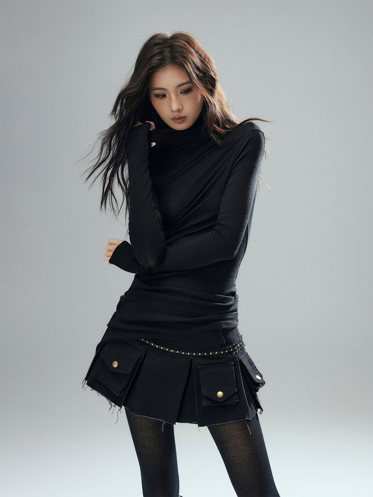 100% Cotton Low Waist Pleated A Line Sexy Women Daily Black Mini Skirts