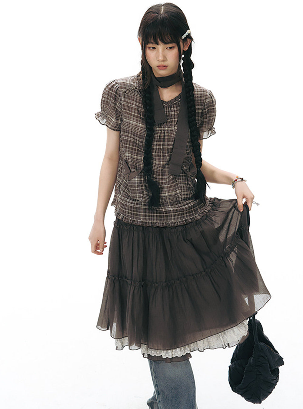 Tiered Lace Hem Midi Skirt