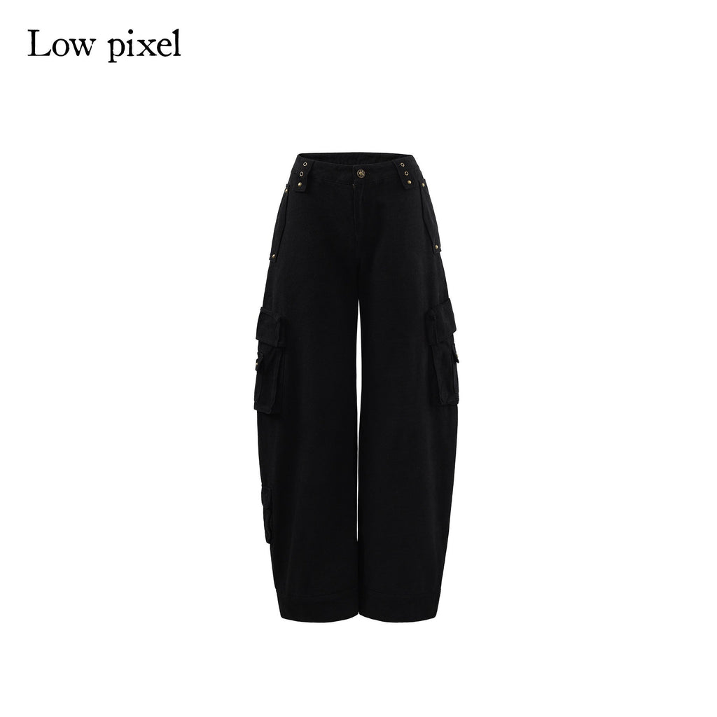 Washed Low Rise Wide Leg Utility Loose Fit Womens Black Cargo Pants
