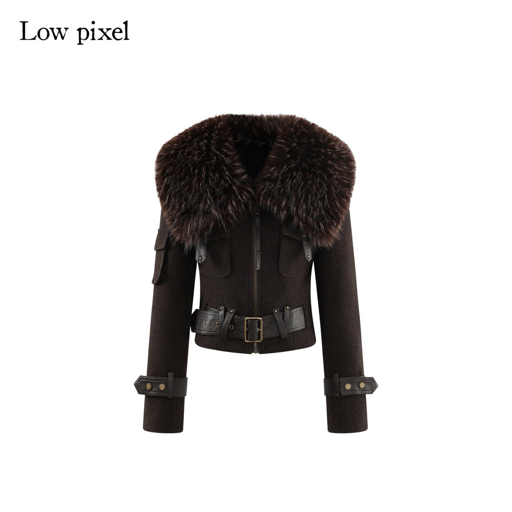 Thick Wool Blend Slim Fit Sexy Lapel Zipper Brown Everyday Women Cropped Jackets