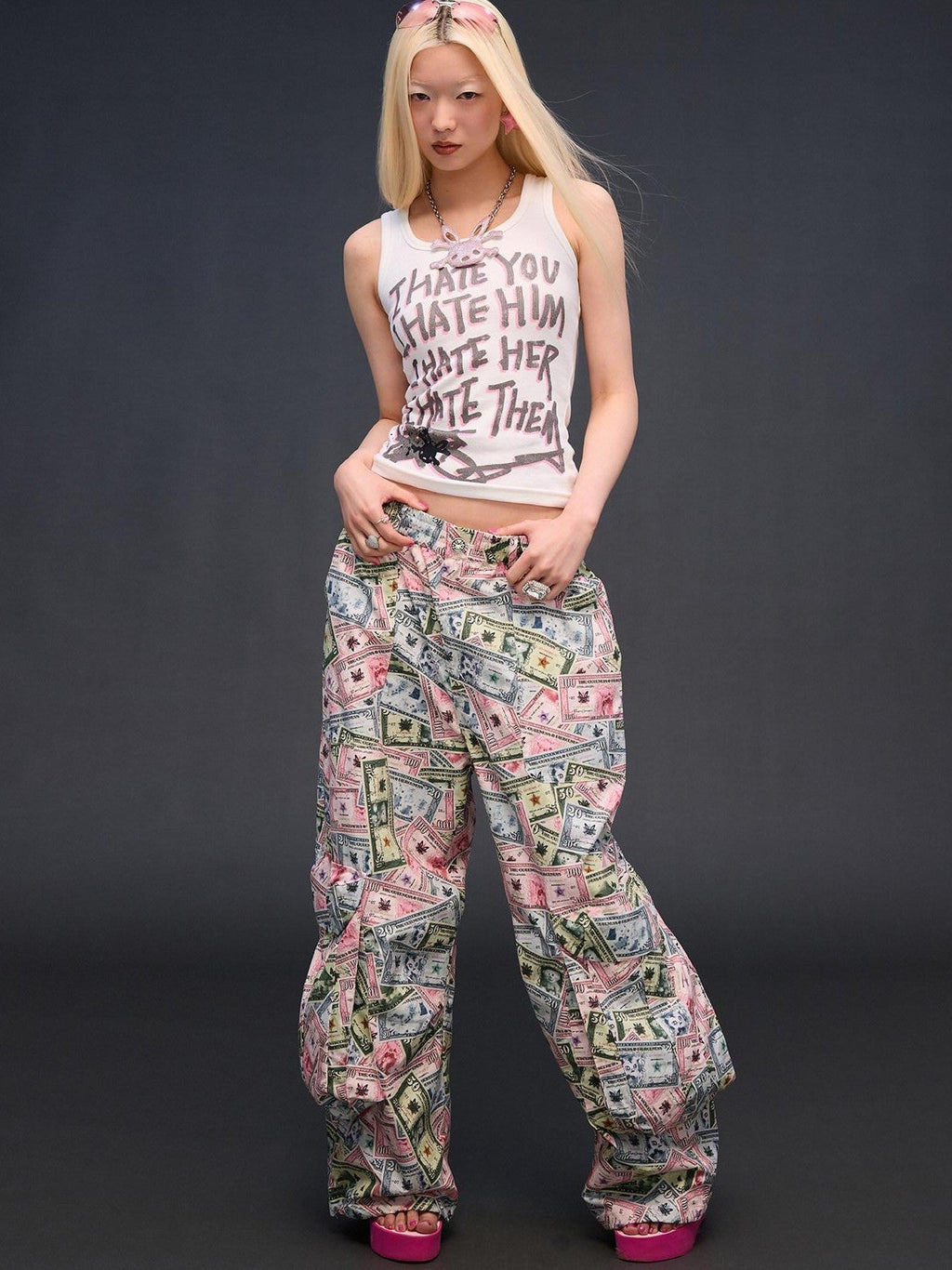 Money Print Cargo Multi Pocket Women'S Cotton Wide-Leg Pants