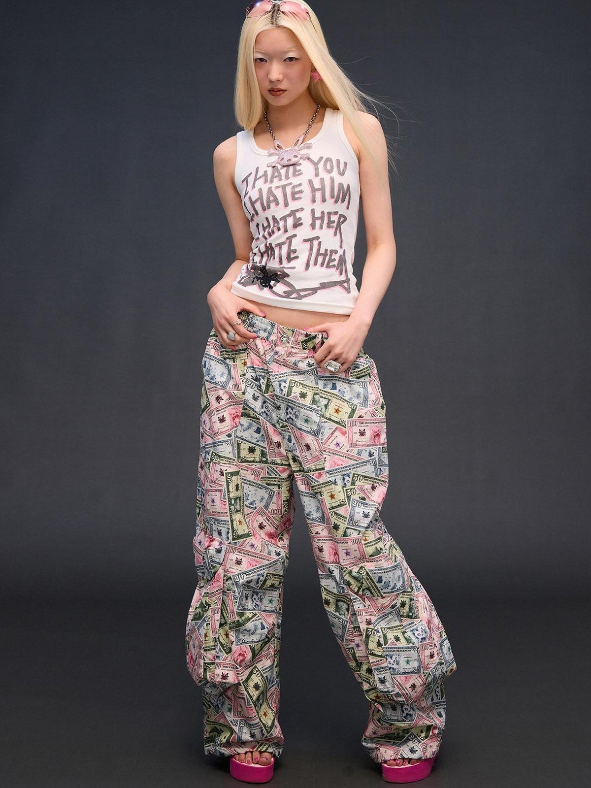 Money Print Cargo Multi Pocket Women'S Cotton Wide-Leg Pants