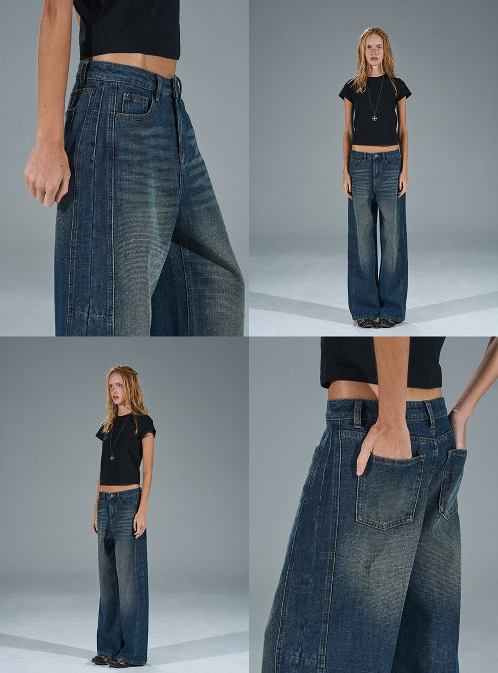 Blue-Gray Textured Straight Distressed Jeans