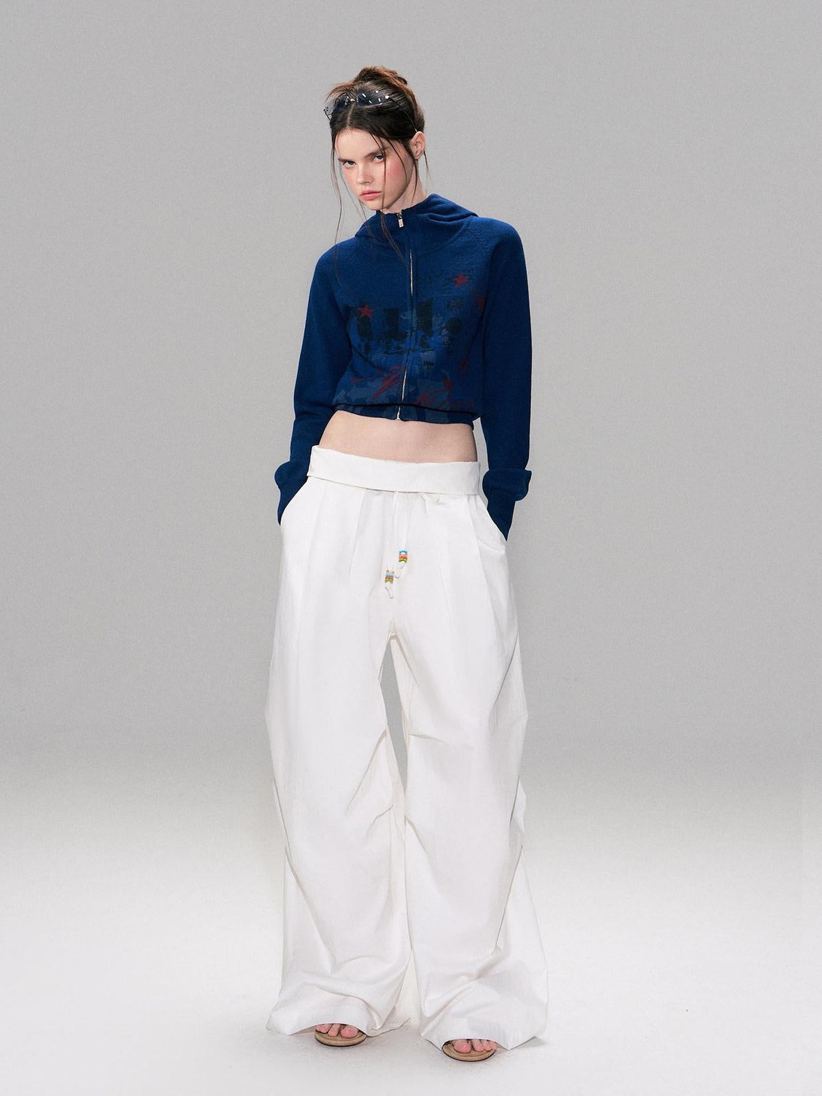 Cotton Blend Vintage Curved Cut Natural Waist Women White Wide Leg Pants