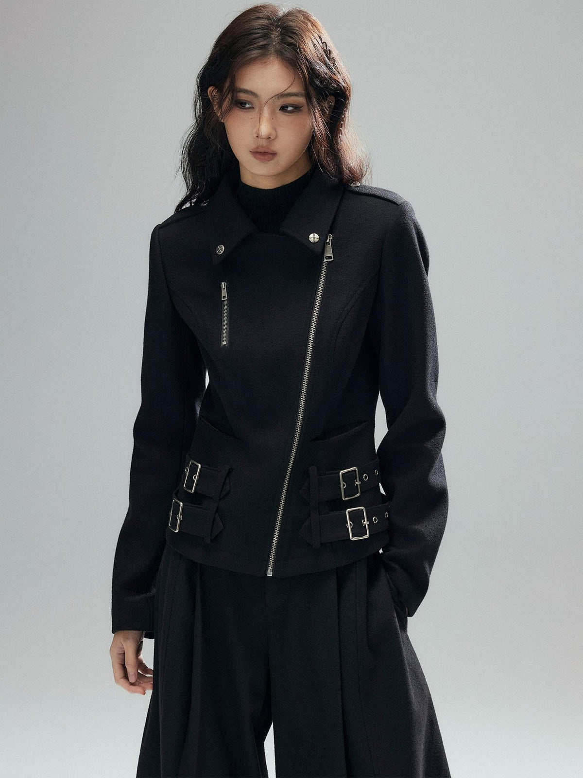 Wool Blend Thick Slim Fit Street Euro Zip Front Black Cropped Jackets