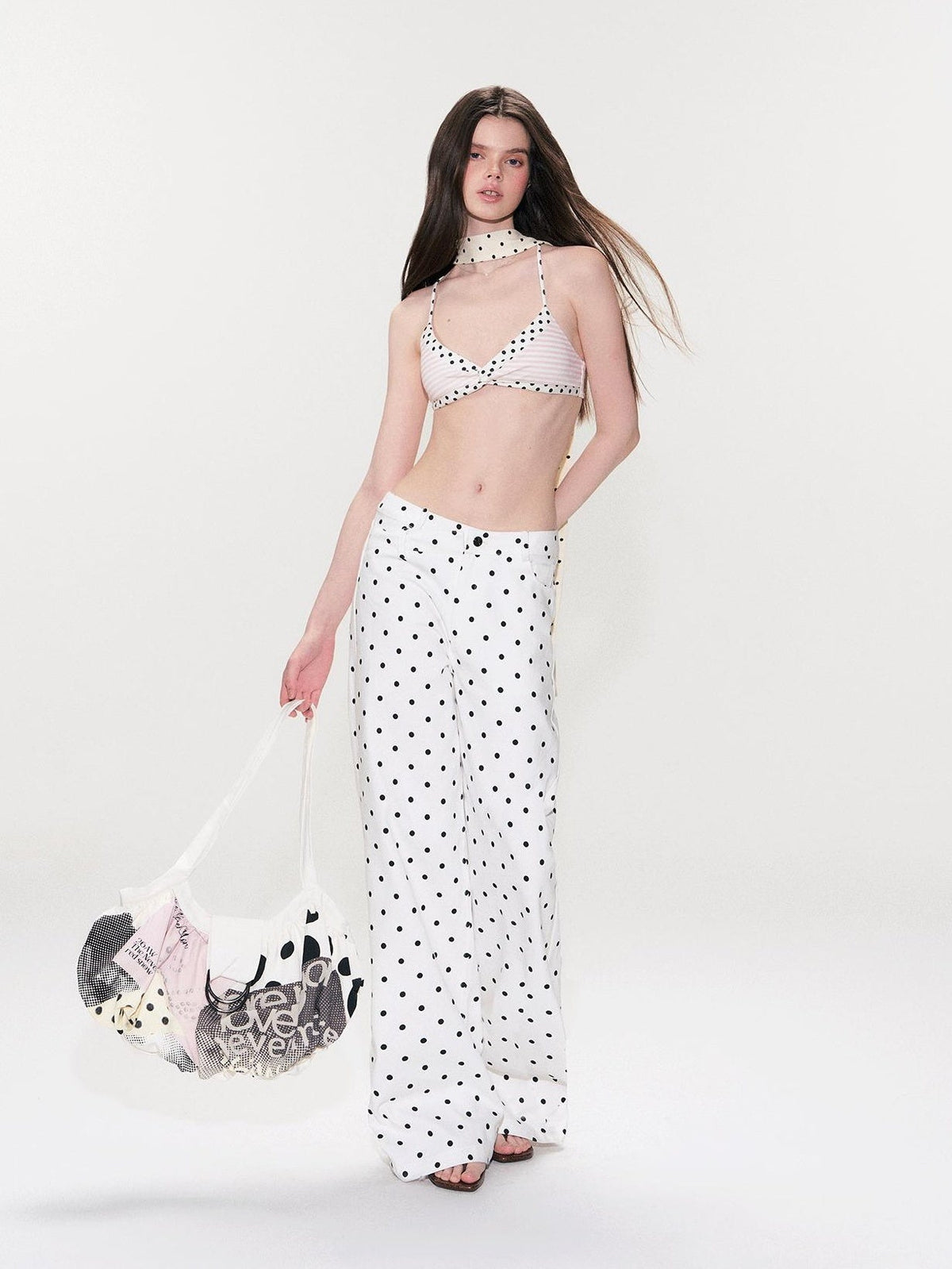 White Polka Dot V Waist Loose Fit Button Fly Women Denim Straight Leg Jeans