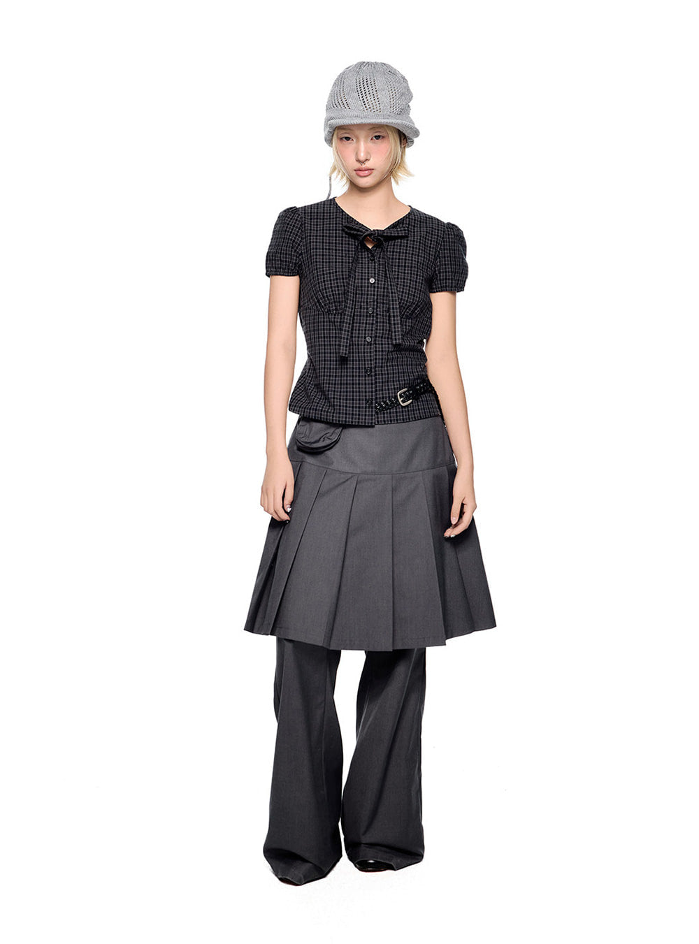 Ribbon Check Puff Blouse Top