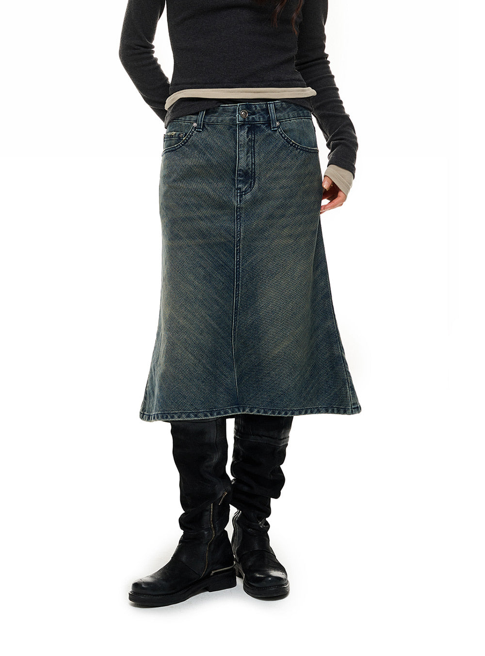 Distressed Washed Denim Fishtail Skirt
