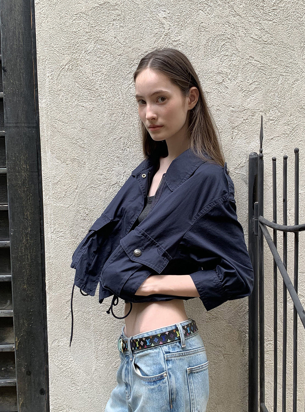 Navy Drawstring Crop Jacket