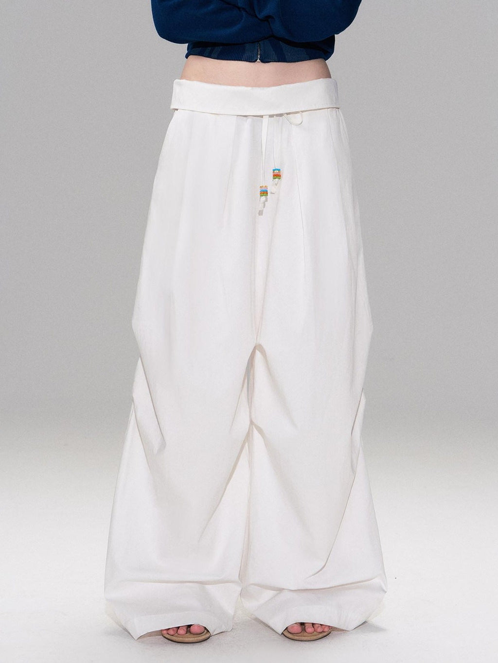 Cotton Blend Vintage Curved Cut Natural Waist Women White Wide Leg Pants