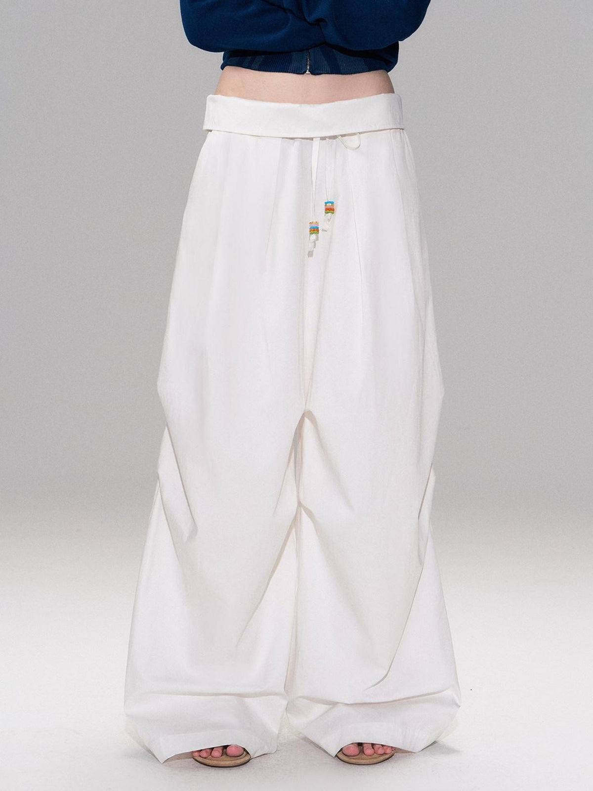 Cotton Blend Vintage Curved Cut Natural Waist Women White Wide Leg Pants