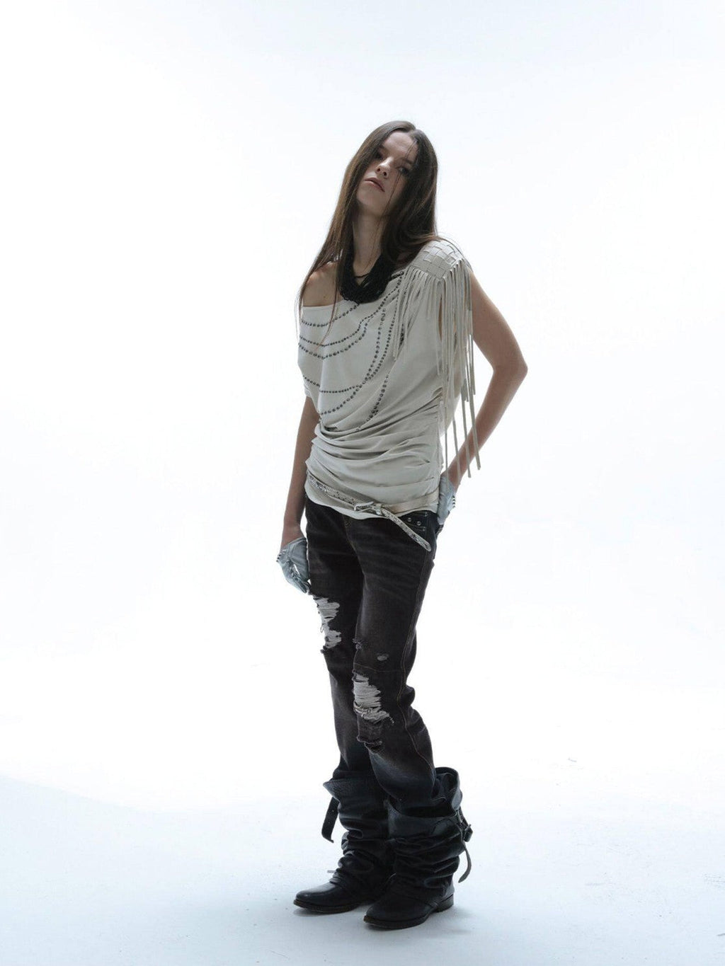 Dark Wash Whisker Distressed Ripped Low Rise Women'S Cotton Straight-Leg Jeans