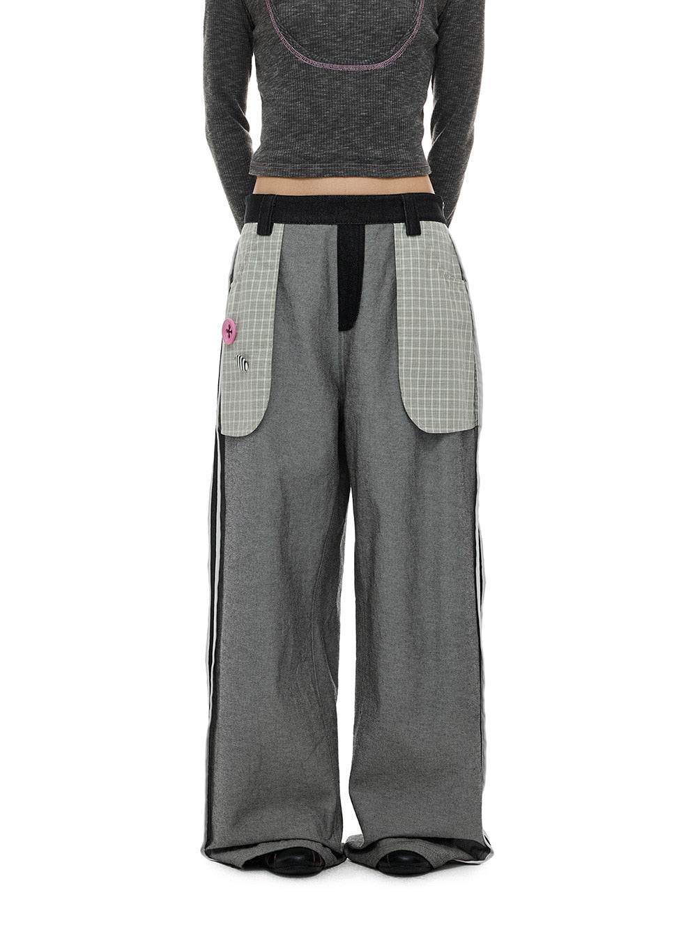 Check Patchwork Plaid Button Back Pants