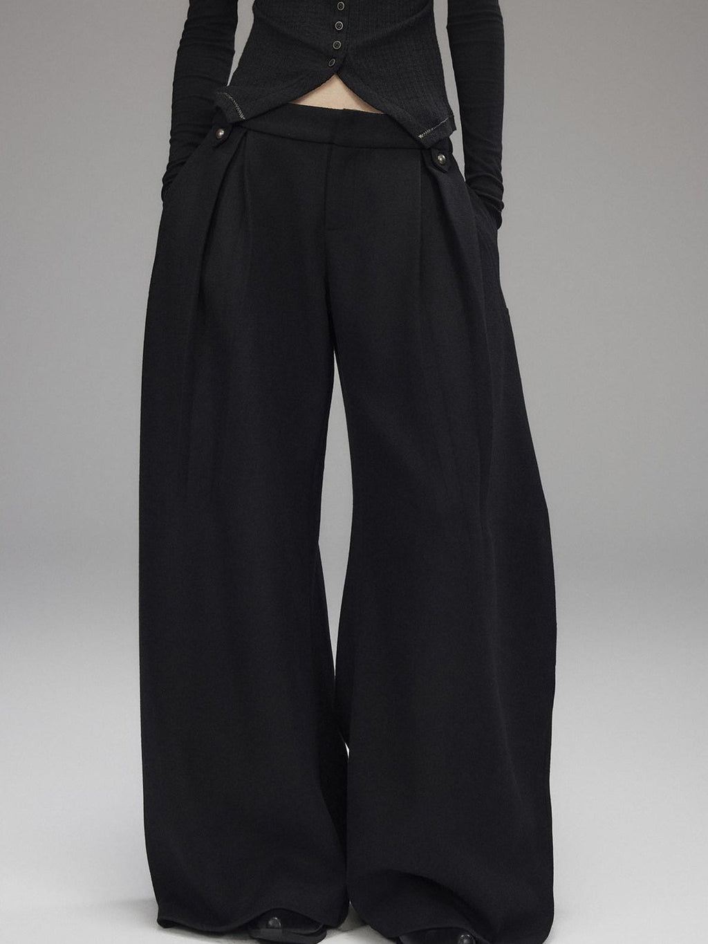 Black Wool Blend Low Rise Zipper Casual Straight Hem Women Wide Leg Pants