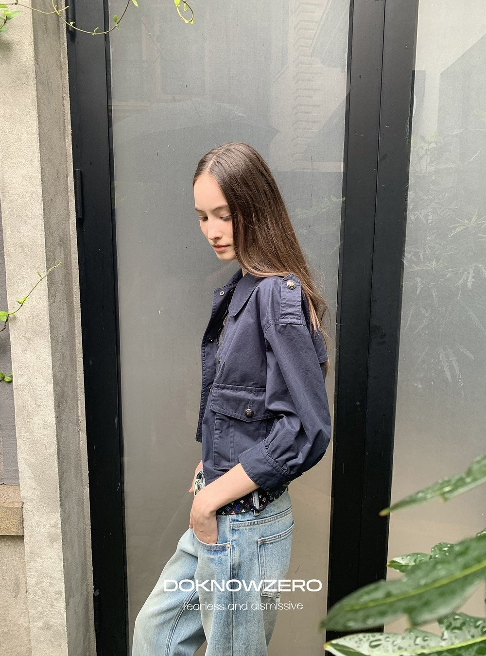 Navy Drawstring Crop Jacket