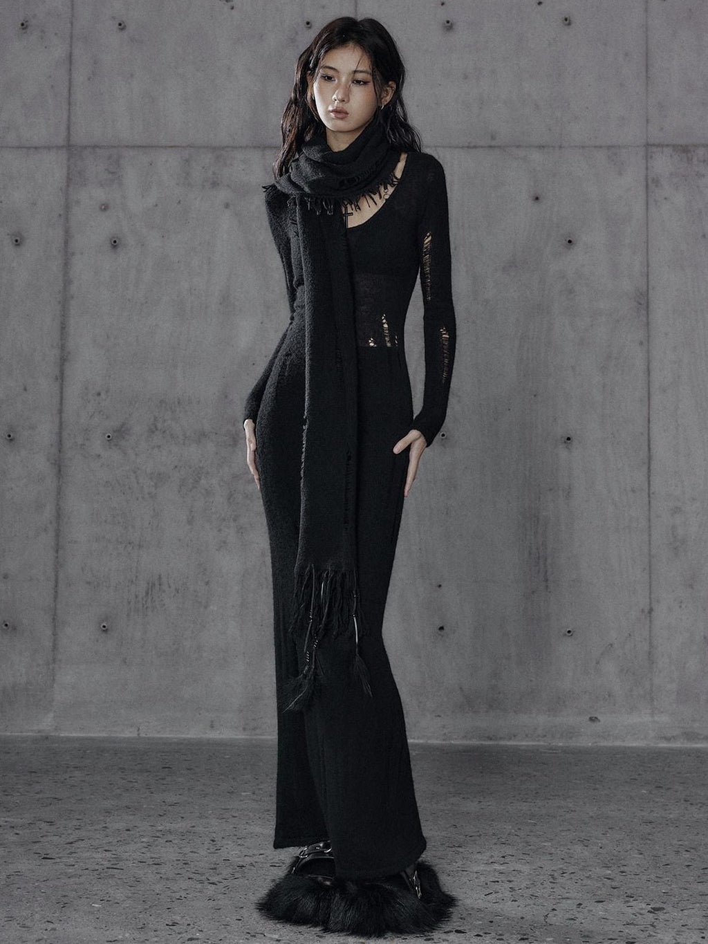 Waist Defining Wool Knit Tassel Casual Long Sleeve Round Neck Black Maxi Dresses