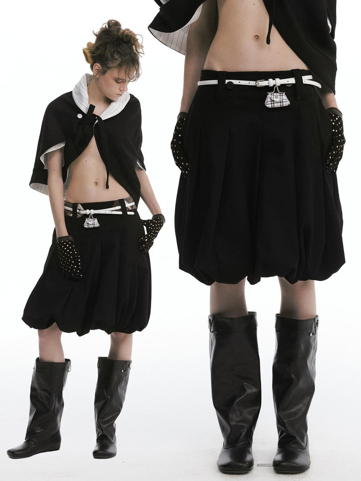 Cute Bow Plaid Cropped Lapel Top High Waist Skirt Unisex Top & Skirt Sets