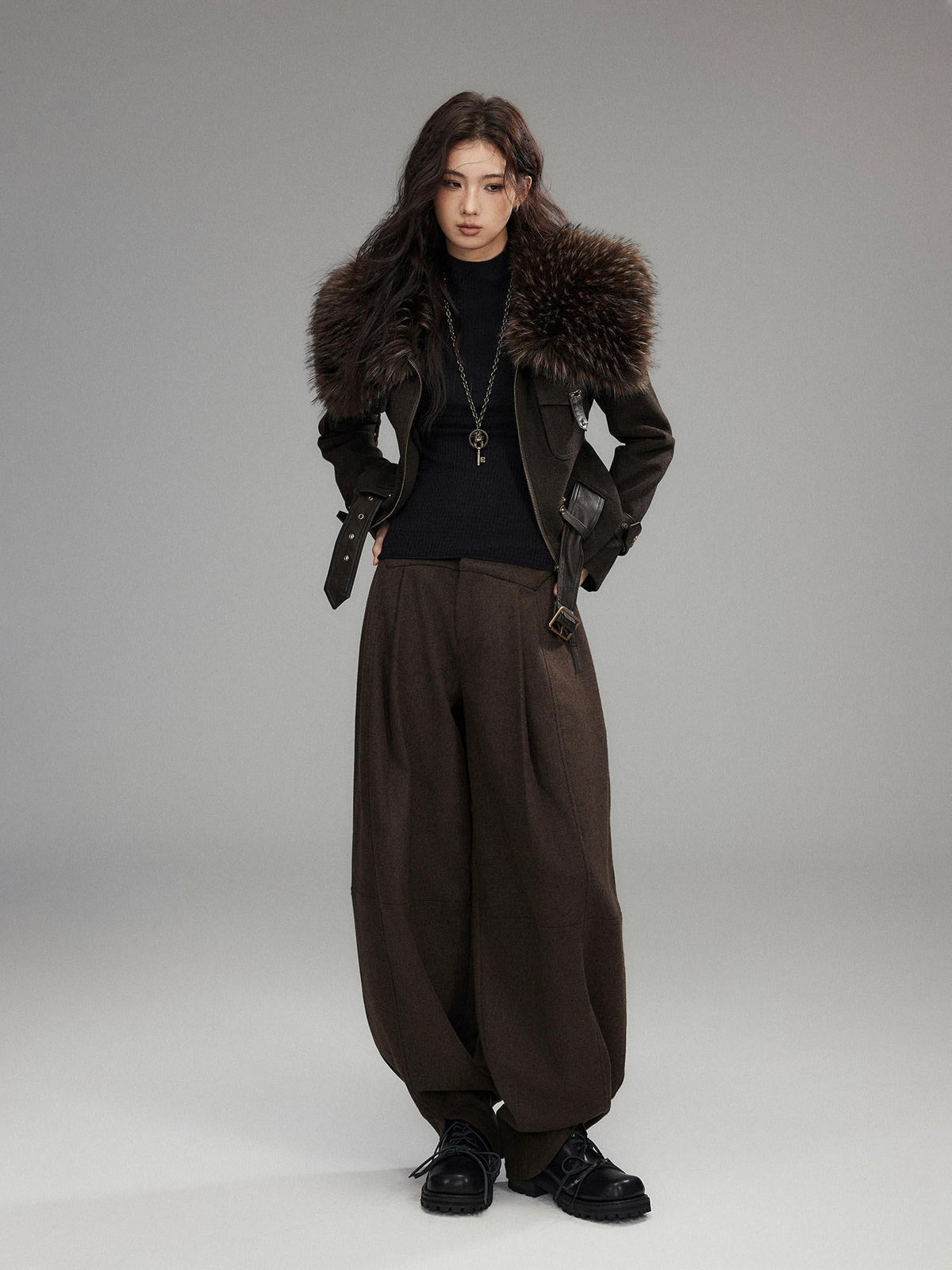 Thick Wool Blend Slim Fit Sexy Lapel Zipper Brown Everyday Women Cropped Jackets