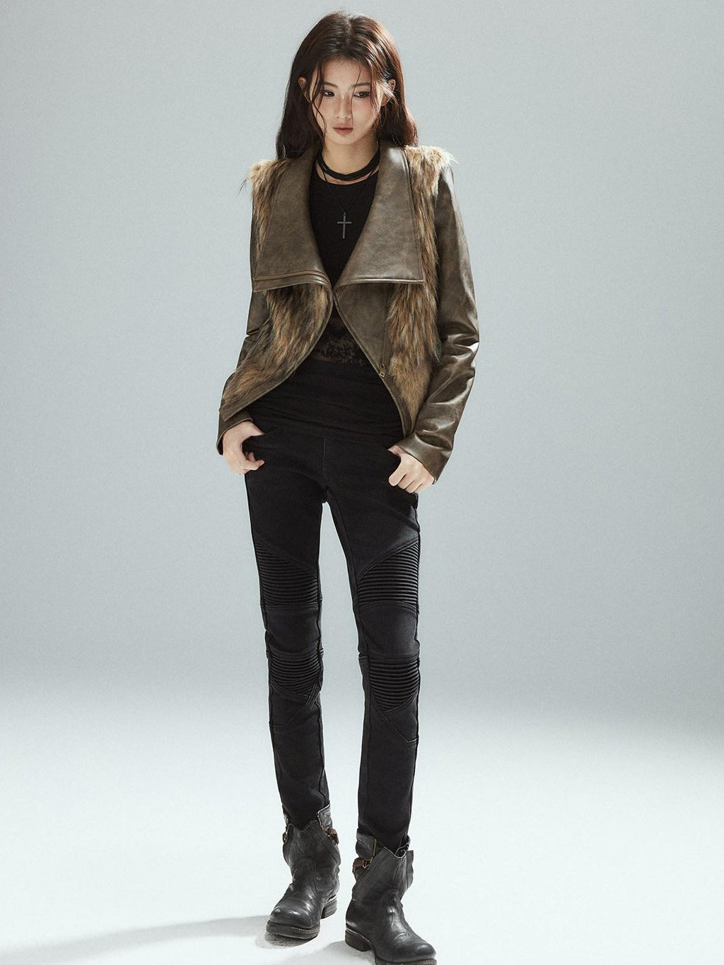 Thick Waist Cinch Patchwork Street Style Women Brown Zipper Lapel Cropped Jackets