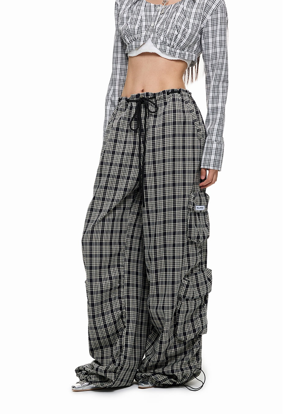 Check Banding Plaid Pocket Cargo Pants