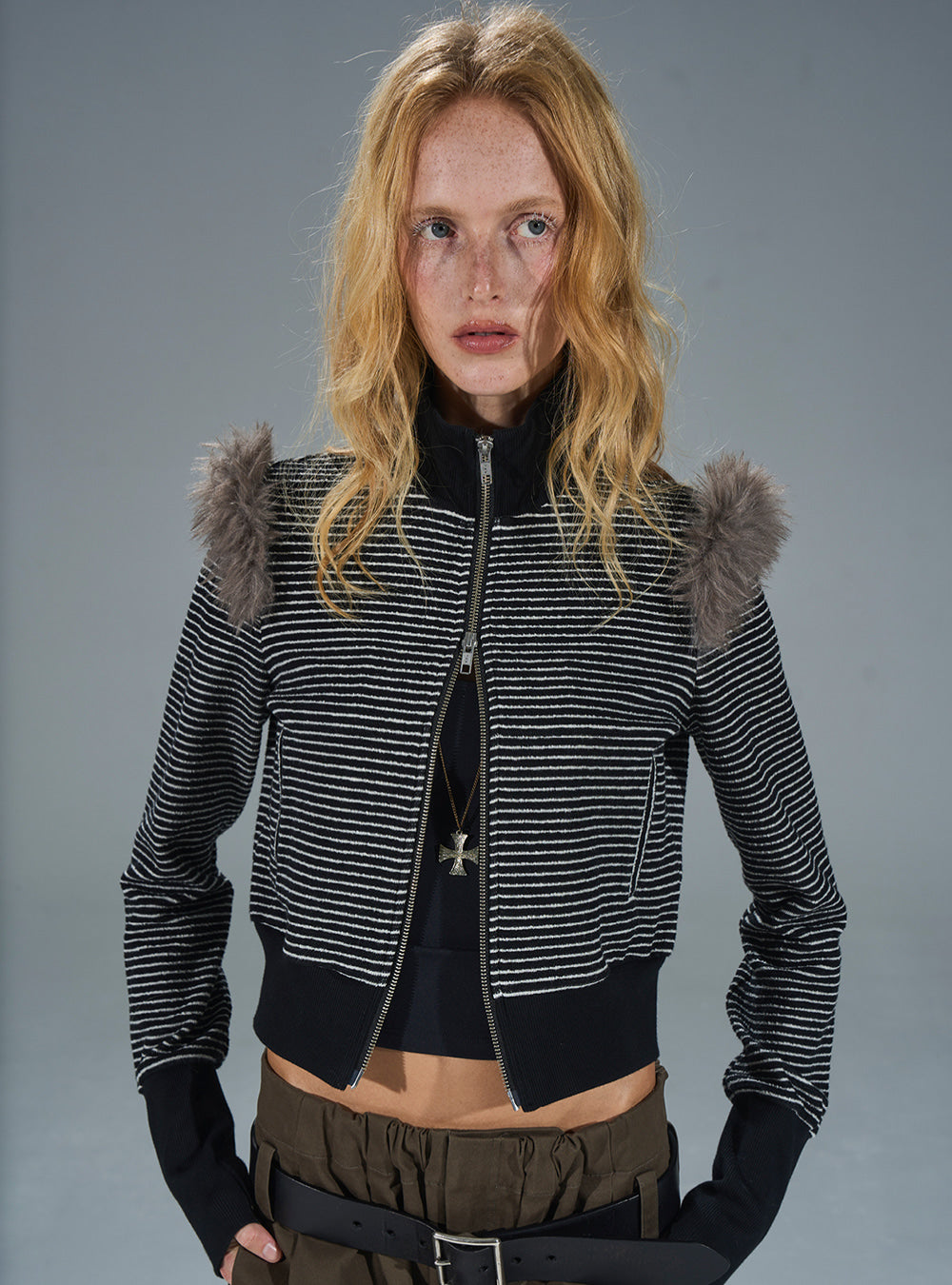 Modern Striped Knit Panel Short Jacket (2color)