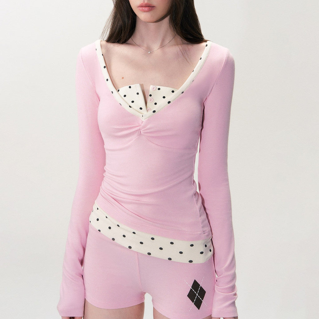 Soft Modal Polka Dot Slim Fit Drop Shoulder Sassy Women Long Sleeve T-Shirts