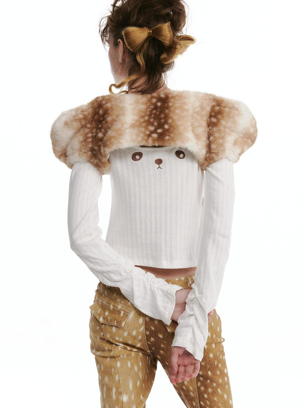 Pure Cotton Long Sleeve Casual Cute Bear Women Off Shoulder Crop Tops