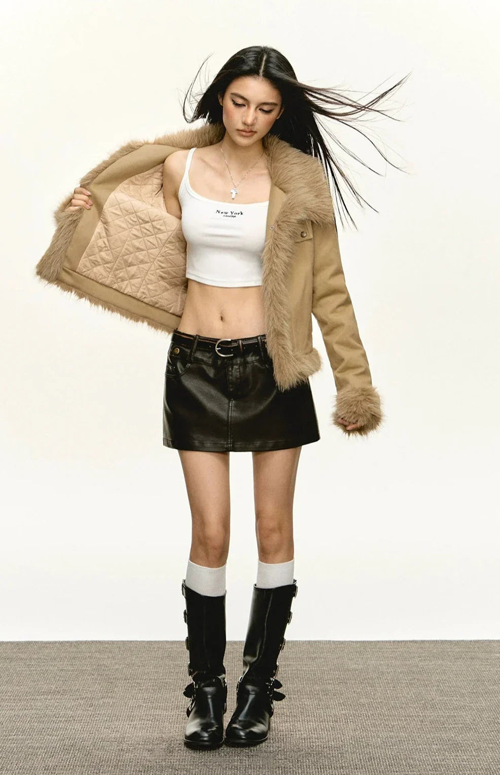 Khaki Faux-Fur Trim Cropped Jacket