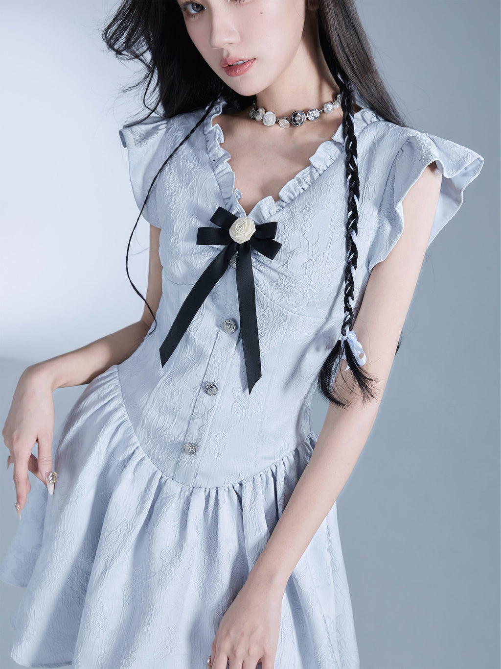 Floral Jacquard Dress With Butterfly Sleeves