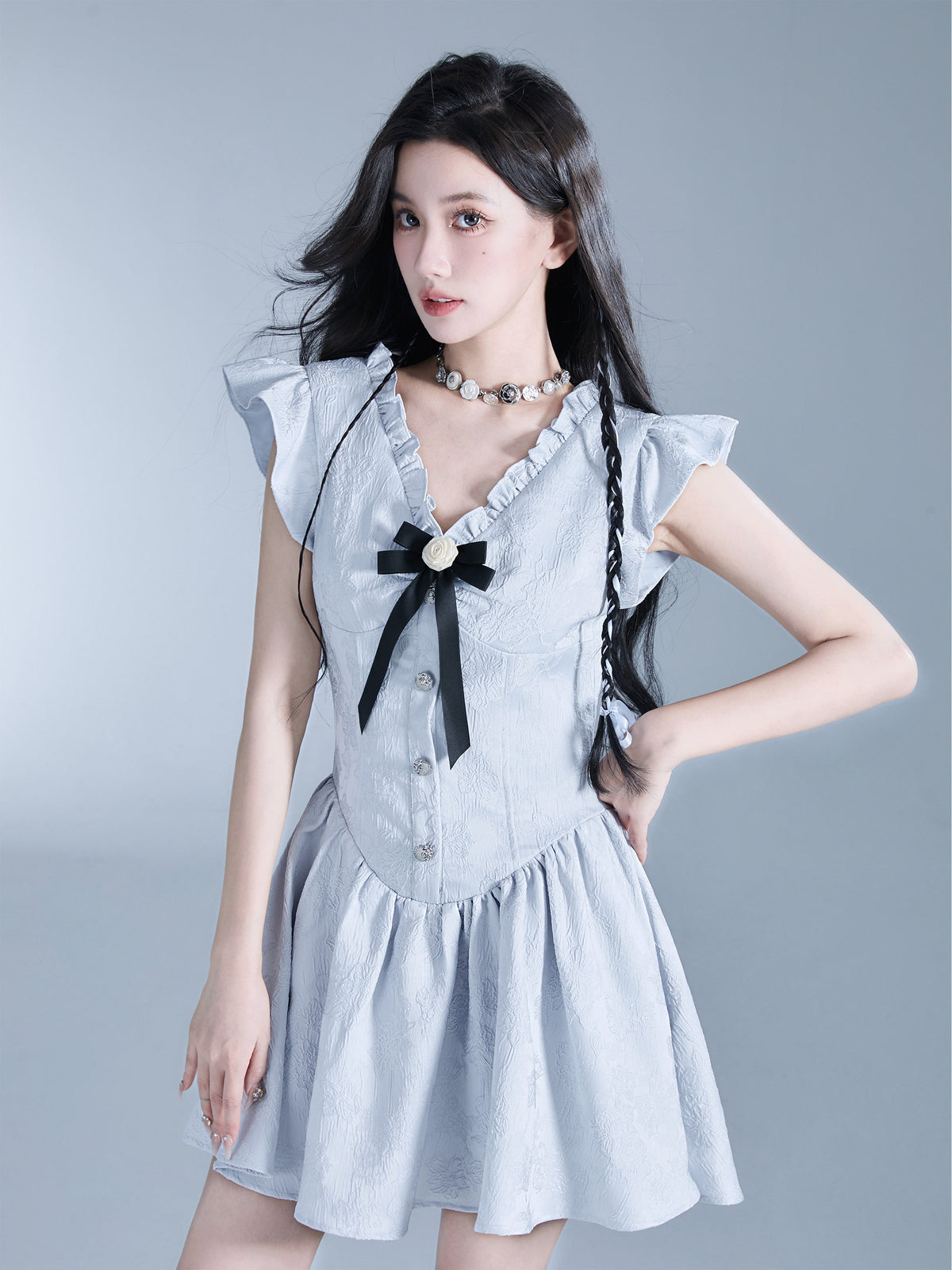 Floral Jacquard Dress With Butterfly Sleeves
